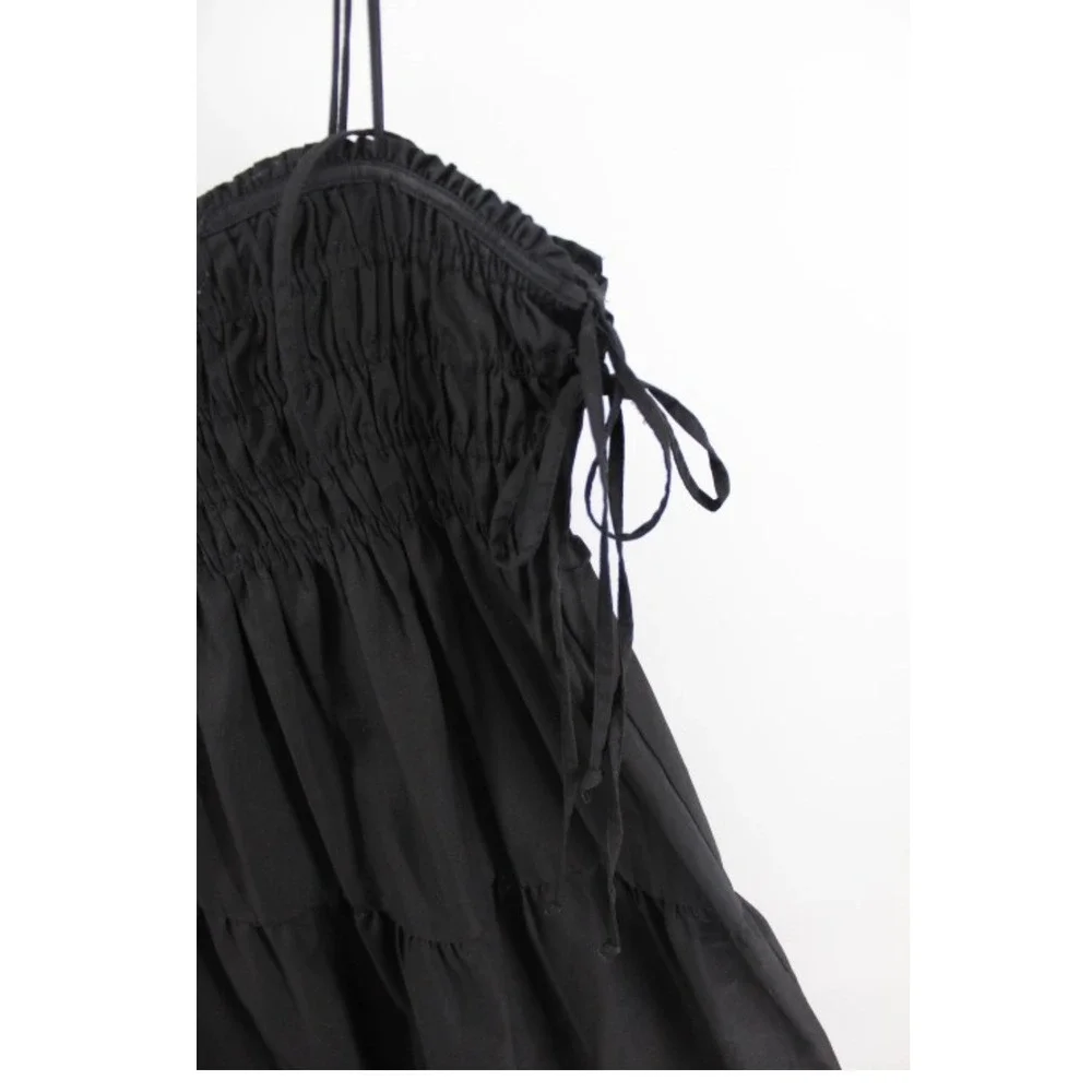 Zara Black Smocked Tiered Maxi Dress Square Neck Tie Straps Size L Boho